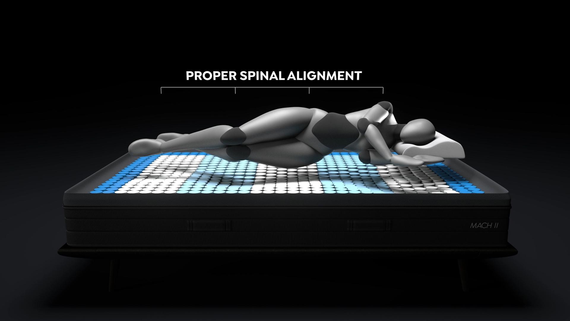 Model of a person laying on their side, floating above the Motherboard layer of the SD Mach 2 Mattress to demonstrate correct body and spinal alignment.