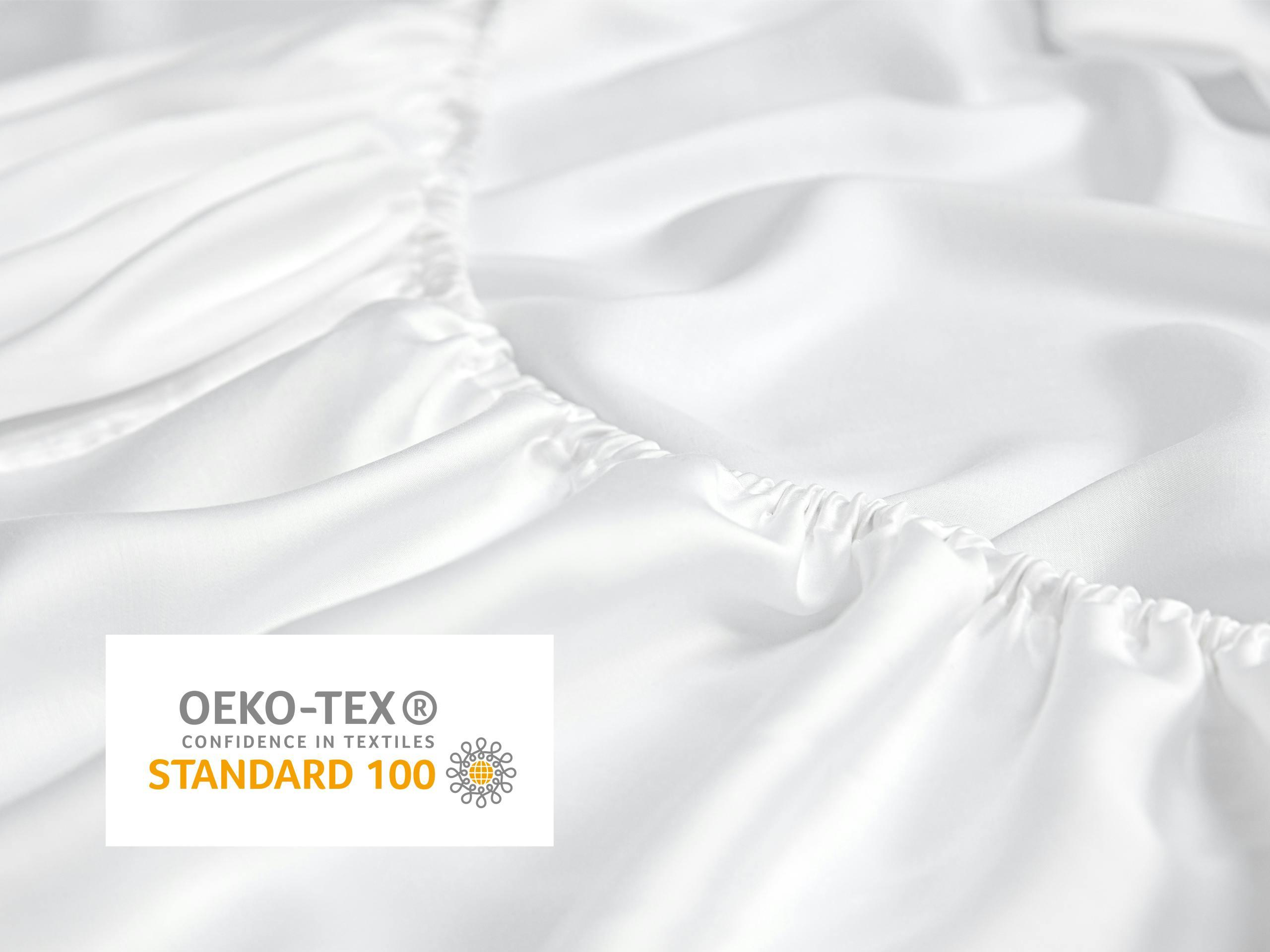 Close-up of white Sleeping Duck Fitted sheet with the text "OEKO-TEX® Confidence in Textiles Standard 100". 