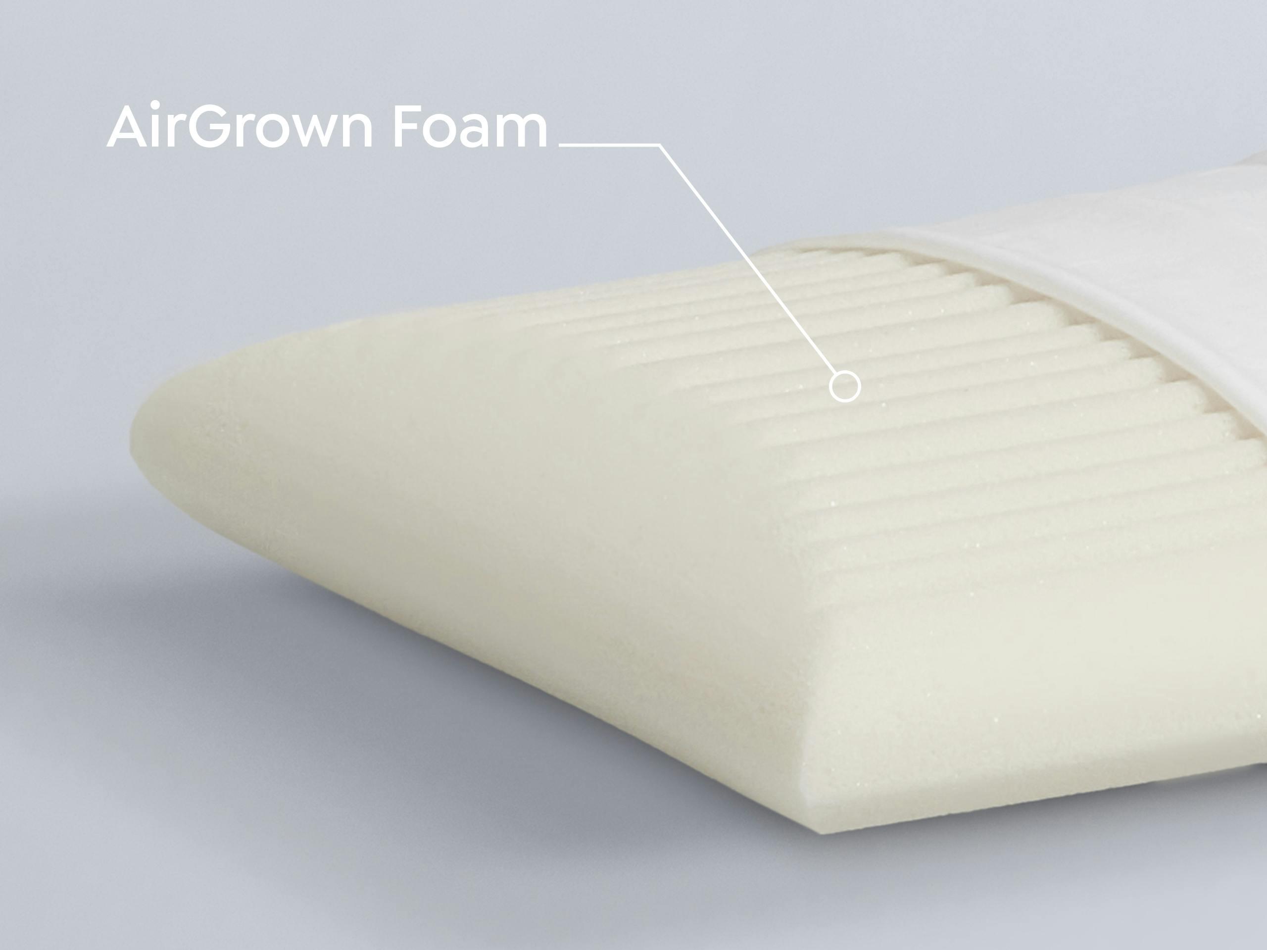 Pillow showing the AntiGravity Surface Foam labelled with "Air Grown Foam".